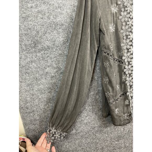 POL Embroidered Lace Trim Blouse Oversize Long-Sleeve lace Cuffs Charol Gray L - Picture 5 of 13
